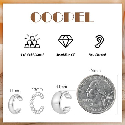 OOOPEL 3 Pairs 14K Gold Plated Ear Cuffs Non Piercing Lightweight Stackable Chunky Earring Cuff for Women Adjustable Non-Fading Fake Earrings Suitable for Christmas Gift - style: Chunky-Silver