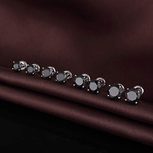 Stud Earrings with Screw Back, 925 Sterling Silver Cubic Zirconia Round Cut/Square Cut Stud Earrings for Women and Men, Long & Thick Post, 4MM-8MM - color: C-Round-Black, size: 8MM