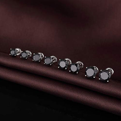 Stud Earrings with Screw Back, 925 Sterling Silver Cubic Zirconia Round Cut/Square Cut Stud Earrings for Women and Men, Long & Thick Post, 4MM-8MM - color: C-Round-Black, size: 8MM