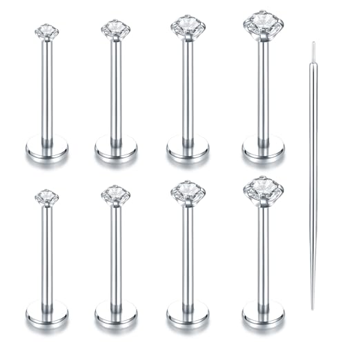 Oveta Threadless Push in Lip Rings 16G/18G/20G Labret Jewelry CZ Lip Studs Stainless Steel Cartilage Earrings for Women Monroe Medusa Piercing Jewelry 6/7/8/10/12mm Bar Length - color: Silver, size: 18G*12mm bar*1.5/2/2.5/3mm cz