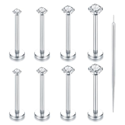 Oveta Threadless Push in Lip Rings 16G/18G/20G Labret Jewelry CZ Lip Studs Stainless Steel Cartilage Earrings for Women Monroe Medusa Piercing Jewelry 6/7/8/10/12mm Bar Length - color: Silver, size: 18G*12mm bar*1.5/2/2.5/3mm cz