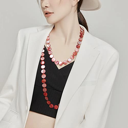 Firstmeet Flat Round Coin Shell Beads Long Knotted Necklace Natural Mother of Pearl Handmade Jewelry For Women - color: Chili