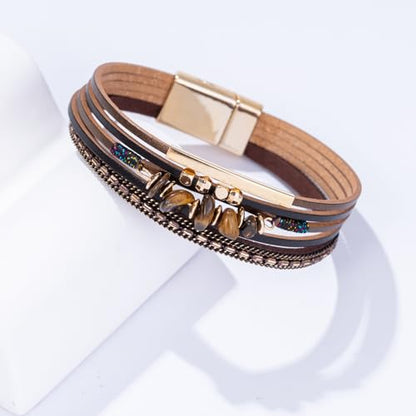 Boho Gemstone Beaded Leather Wrap Bracelets Stackable Chunky Cuff Bracelet Western Jewelry Cowboy Chic Country Concert Outfits for Women - color: Brown