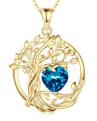 FANCIME Tree of life Birthstone necklace Sterling Silver Pendant Birthstone Necklace Gemstone Anniversary Birthday Jewelry Mothers Day Gifts for Mom Her Wife - color: Yellow gold-12-blue topaz