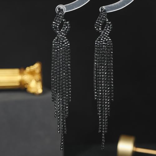 Long Rhinestone Tassel Statement Earrings for Women Bohemia Crystal Flower Leaf Dangle Earrings Minimalist Exaggerated Zircon Earrings Prom Jewelry (Black)