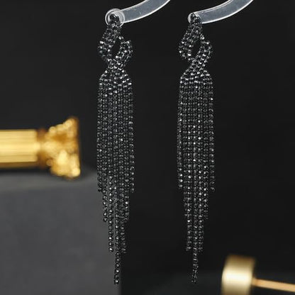 Long Rhinestone Tassel Statement Earrings for Women Bohemia Crystal Flower Leaf Dangle Earrings Minimalist Exaggerated Zircon Earrings Prom Jewelry (Black)