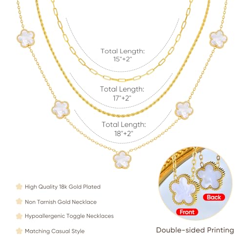 MPRAINBOW Gold Layered Necklace for Women - 3Pcs 18K Gold Plated Floral Necklaces, Stainless Steel Stackable Cuban Link Chain Non Tarnish Trendy Jewelry, Herringbone Chains Christmas Birthday Gifts - color: White 02