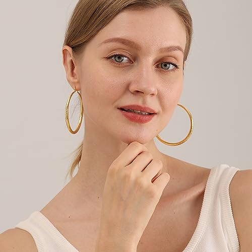 OOOPEL 925 Sterling Silver Hoop for Women Gold Hoop Earrings Hypoallergenic Diamond-Cut Ripples Designed - Non Tarnish Large Hoop Earrings(30/40/50/60/70mm) - color: Gold-60mm