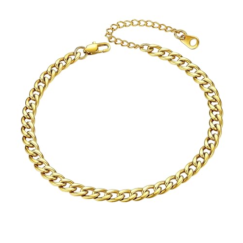ChainsHouse Ankle Bracelets for Women, Stainless Steel Beaded Chain Ankle Bracelet, Womens Heart Anklets for Summer Beach Jewelry Gifts - color: C: cuban-5mm-gold