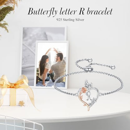 TOUPOP Gifts for Women Rose Heart Initial Bracelet 925 Sterling Silver Butterfly Letter Link Bracelet Love Jewelry Anniversary Birthday Gifts for Wife Girlfriend Mom Her - style: Initial R
