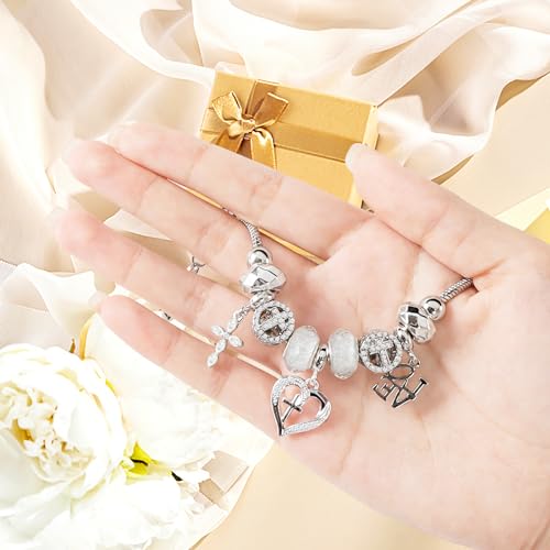 Charm Bracelet for Women, with Crystal and Heart Shape Glass Beads Sliver CZ Cross Snake Chain Bracelet, Trendy Charm Bracelet Jewelry Valentine's Day Gifts for Women