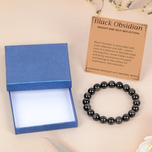 LPBeads Handmade Natural Gemstone Stretch Elastic Bracelet Healing Crystal Round Stone Beads Jewelry Gifts for Women Men - color: Black Obsidian, size: 10mm