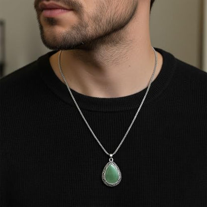 Natural Gemstone Pendant Necklace, Vintage Silver Filigree Boho Protection Unisex Jewelry with Stainless Steel Chain for Women Men