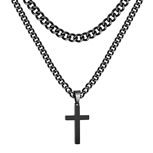 Zocomi Cross Necklace for Men Boys, Stainless Steel Layered Cuban Link Herringbone Chain Cross Pendant Christian Fashion Jewelry Gifts 16-24 Inches - color: Black, size: 20inch/22inch, style: Cuban+Cuban