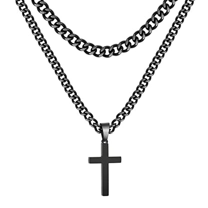 Zocomi Cross Necklace for Men Boys, Stainless Steel Layered Cuban Link Herringbone Chain Cross Pendant Christian Fashion Jewelry Gifts 16-24 Inches - color: Black, size: 22inch/24inch, style: Cuban+Cuban