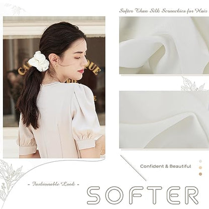 4 PCS Large Silk Satin Scrunchies for Women White Thick Hair Big Scrunchie | White / Stretched 10" Length / No Damage / Gift Box /Diameter: 5 inches / All Hairstyles - color: White, size: 1 Count (Pack of 4)