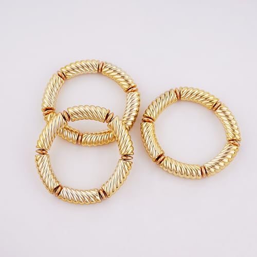 LALAPPLE Gold Plated Beaded Acrylic Bamboo Tube Bangle Bracelets for Women, Colorful Chunky Curved Tube With Gold Plated Pieces Beads Stretch Bracelet Friendship Summer Beach Jewelry - color: B-gold 3pcs(Chunky set)