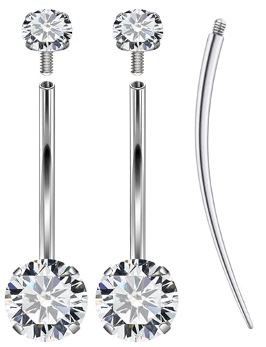 Oufksiyy Long and Extra Long Bar Belly Button Ring Internal Thread Hypoallergenic Surgical Stainless Steel 14mm 16mm 14 Gauge Navel Rings Cubic Zirconia Buuton Body Piercing Jewelry for Women Men - color: Double Cubic Zirconia 16MM