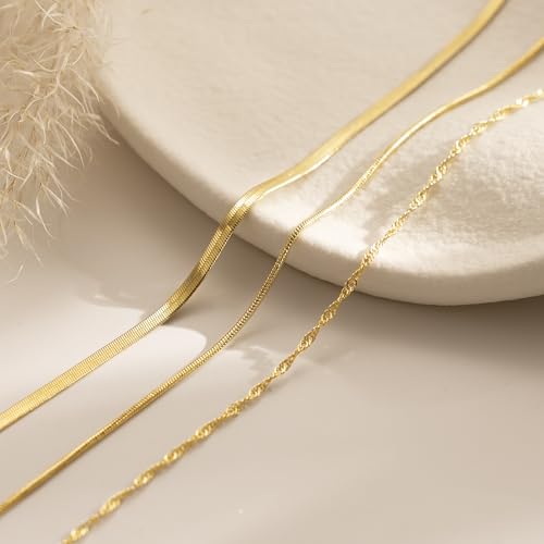 Tewiky Layered Necklaces for Women 14k Gold Plated Chain Necklace Set | Chunky Herringbone/Snake/Rope/Box/Cuban Link Chain for Women, Layering Stack Choker Necklace, Dainty Jewelry Set Non Tarnish - color: 3 Necklace Set Gold