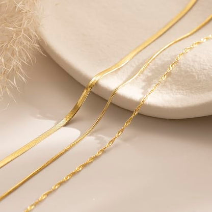 Tewiky Layered Necklaces for Women 14k Gold Plated Chain Necklace Set | Chunky Herringbone/Snake/Rope/Box/Cuban Link Chain for Women, Layering Stack Choker Necklace, Dainty Jewelry Set Non Tarnish - color: 3 Necklace Set Gold
