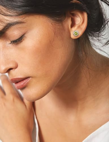 Dainty Birthstone Earrings for Women Sterling Silver Small Stud Earrings with Halo Cushion/Round Created Gemstone Earrings Birthstone Jewelry - style: B 08. Aug./created peridot-round cut