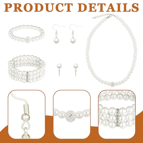 5PCS Faux Pearl Jewelry Set for Women Pearl Rhinestone Jewelry Set for Women Simulated Pearls Rhinestone Necklace Earrings Bracelet for Wedding Mother's Day Gifts Bridal Shower Tea Party Accessories