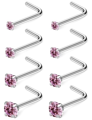 Hoeudjo Hypoallergenic Nose Rings Studs 24G Surgical Stainless Steel Cubic Zirconia Nose Studs for Women Men Screw & Bone & L Shaped Nostril Piercing Jewelry with 1.5mm 2mm 2.5mm 3mm CZ - color: silvertone(pink CZ),L-shaped nose studs