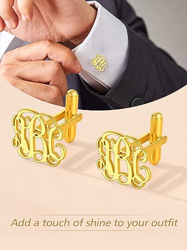 FindChic Stainless Steel Round Cufflinks with Custom Text/Picture/Monogram Letters 18K Gold Plated/Black Color for Men Groom Suits Shirts, with Gift Box - style: 04. custom 3 monograms (gold plated)