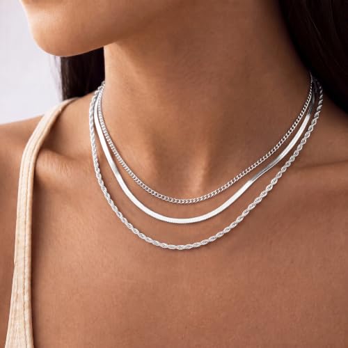 Layered Necklaces for Women, 3 Chain Choker Set, 14k Gold/Silver Plated | 3 Detachable Strands, 7+ Ways to Wear, Tangle Free Design, Herringbone Rope Curb Textures, Tarnish Resistant - color: Silver