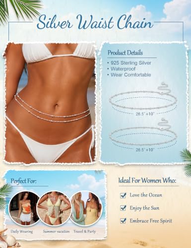 Double Layer Waist Chain for Women, Adjustable Belly Chain | HEVOCY Waist Chain for Women, Gold / Silver Double Layer Belly Chain with Beaded Design, Adjustable Body Chain Jewelry Beach - color: Silver