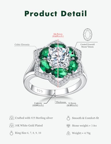 Flower Engagement Promise Ring Sterling Silver Birthstone Rings for Women Sapphire/Emerald/Ruby Gemstone Six Leaf Clover Statement Cocktail Ring Size 6 to 10 - style: 05. May-Created Emerald