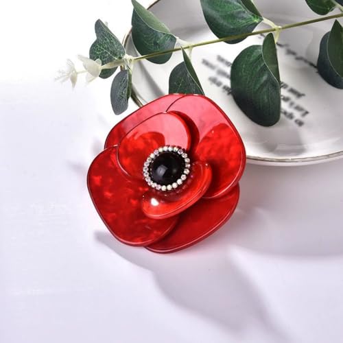 7cm Elegant Poppy Flower Brooch Pin for Women Men Unisex Red Acrylic Crystal Big Floral Corsage Brooches Lapel Pins Dainty Dress Accessories Wedding Memory Day Jewelry Gift Souvenir