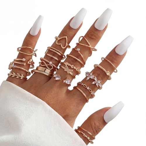 42-Piece Gold Tone Stackable Ring Set for Women, Boho Minimalist Stacking Rings with Crystal & Heart Accents, Adjustable Open Band Jewelry for Daily Wear - style: TZJ-003352-01