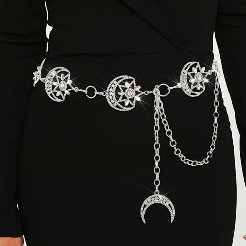 Rhinestone Moon Chain Belt Sparkly Star Waist Chain Adjustable Body Jewley for Women Dress Belt Accessory - style: Silver moon star B