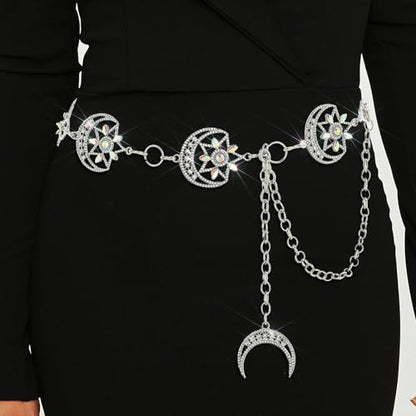 Rhinestone Moon Chain Belt Sparkly Star Waist Chain Adjustable Body Jewley for Women Dress Belt Accessory - style: Silver moon star B