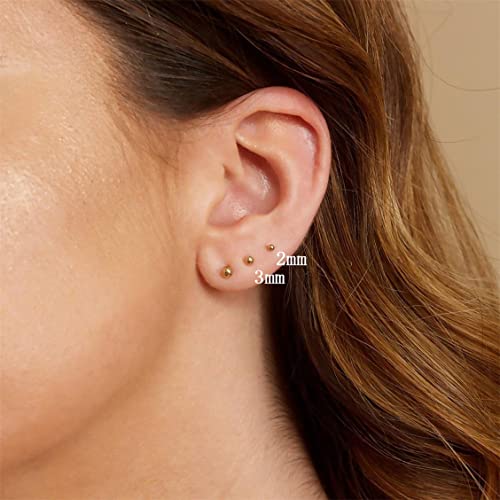 14K Gold Filled Polished Small CZ Pearl Ball Stud Earrings Set for Women Men 20G Surgical Steel Hypoallergenic Piercing Studs for Sensitive Ear, Pack of 6 Pairs - style: G : 2MM Gold Ball Set