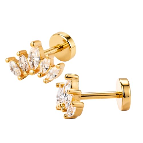 Stainless Steel 5-Stone Marquise-Cut Cubic Zirconia Flat Back Stud Earrings, 1 Pair Screw Back Ear Crawler Earrings for Women, Dainty Jewelry for Sensitive Ears Unique Gift Idea (Silver/Gold) - color: Gold
