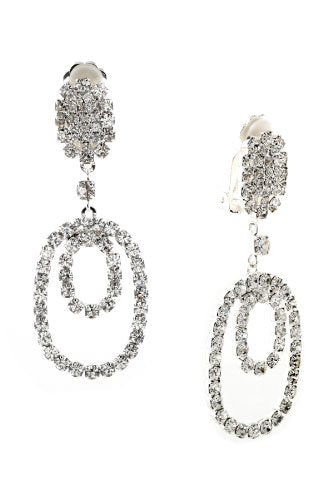 Silver Crystal 2 Layer Teardrop Pear Shape Dangle Clip Earrings Tipped with Upside Down Teardrop Shape - color: 25247C100