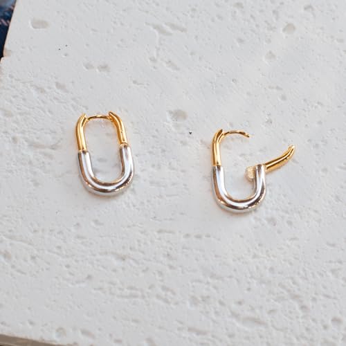 925 Sterling Silver Two-tone mixed metal color earrings oval hoop huggie dangle gold silver