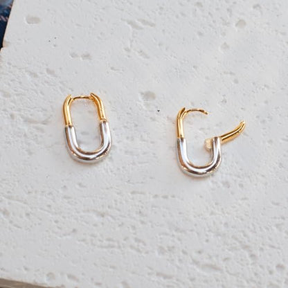 925 Sterling Silver Two-tone mixed metal color earrings oval hoop huggie dangle gold silver