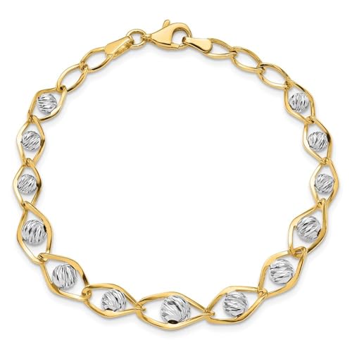 Diamond2Deal 14K Two-tone Gold Polished with Diamond-cut Beads Fancy Bracelet 7.5"
