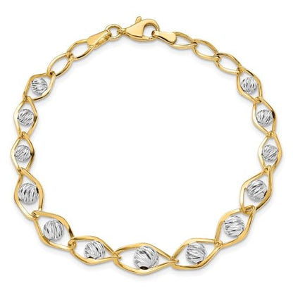 Diamond2Deal 14K Two-tone Gold Polished with Diamond-cut Beads Fancy Bracelet 7.5"