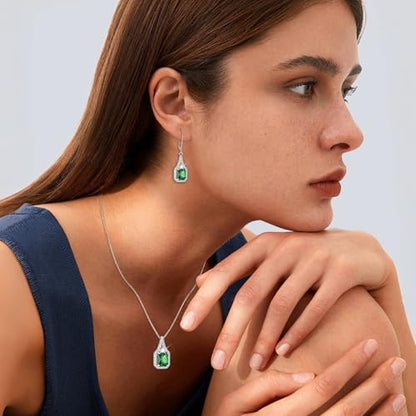 Created Gemstone Necklace 925 Sterling Silver Halo Rectangular Pendant Birthstone Necklaces Jewelry Gifts for Women - color: 05 May - Emerald