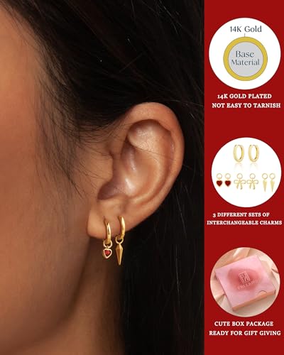 Freekiss Gold Huggie Earrings with 3 Charms for Women | 14K gold-plated huggie hoops with cherry, bow, and pearl charms for interchangeable daily styling, parties, and gifts - color: Heart Bow Spearhead-GD