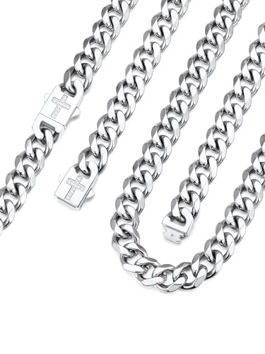 Bandmax 14K Gold Plated Black Stainless Steel Cuban Link Chain Necklace for Men Women, Cross White Zircon Clasp, 6/9/12MM Width, 18-30 Inch Length, Ideal Gift for Son Husband Father - color: 07 Silver Tone-12MM, size: 28 Inch (71cm, Long)