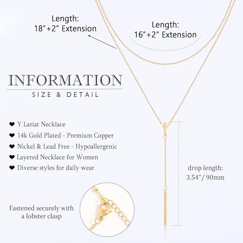 EPIRORA Layered Necklaces for Women, 16” & 20“ Double-Layer Lariat Necklace | 14k Gold/Silver Plated Long Necklaces for Women Trendy Layered Bar Pendant Drop Necklace Lariat Y Necklace Prom Jewelry Gifts - color: Gold