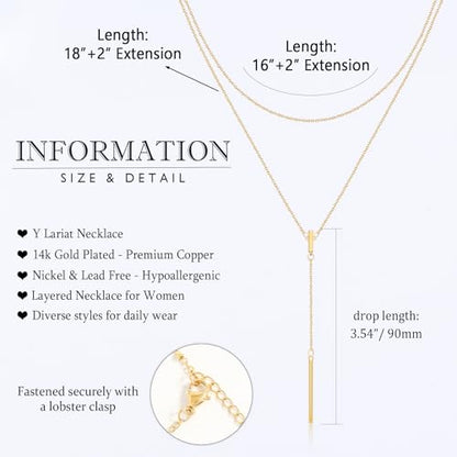 EPIRORA Layered Necklaces for Women, 16” & 20“ Double-Layer Lariat Necklace | 14k Gold/Silver Plated Long Necklaces for Women Trendy Layered Bar Pendant Drop Necklace Lariat Y Necklace Prom Jewelry Gifts - color: Gold