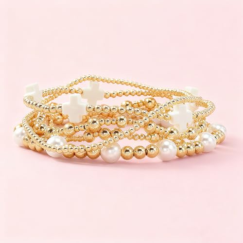 Gold Beaded Bracelets Stack for Women Stackable 14K Gold Plated Beads Ball Cross Bracelet Boho Christian Jewelry Faith Friendship Birthday Gifts for Women - color: Pearl