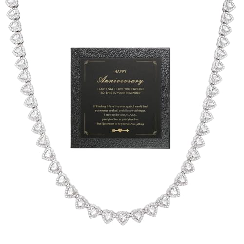 fasone Rhinestone Hearts Necklace, Iced Out Hearts Jewelry，Silver Tennis Necklace For Women，Tennis Necklaces For Women, Heart Tennis Necklace - color: White_15.7inch_Anniversary