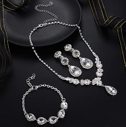 Jstyle Rhinestone Wedding Jewelry Sets for Brides, Brides Bridesmaid Sets | Non Tarnish Bridal Jewelry Set, Crystal Teardrop Pendants Necklace Bracelet,Clip On Earrings, Wedding Prom Jewelry Set - color: Silver Tone